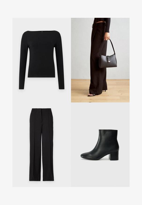Svart langermet topp med båtutringning, laget av glatt stoff. Enkel design uten mønstre eller detaljer.; Sorte bukser med rett ben, med to frontfolder, liv, og ingen synlige lommer eller dekorasjoner.; Sorte skinn ankelsko med spiss tå og chunky hæl. Glatt tekstur med minimale detaljer og et elegant, tettsittende design.; Svart håndveske med strukturert form, jevn tekstur og metallisk lås. Kombinert med brede svarte bukser og sandaler med åpen tå på tregulv.