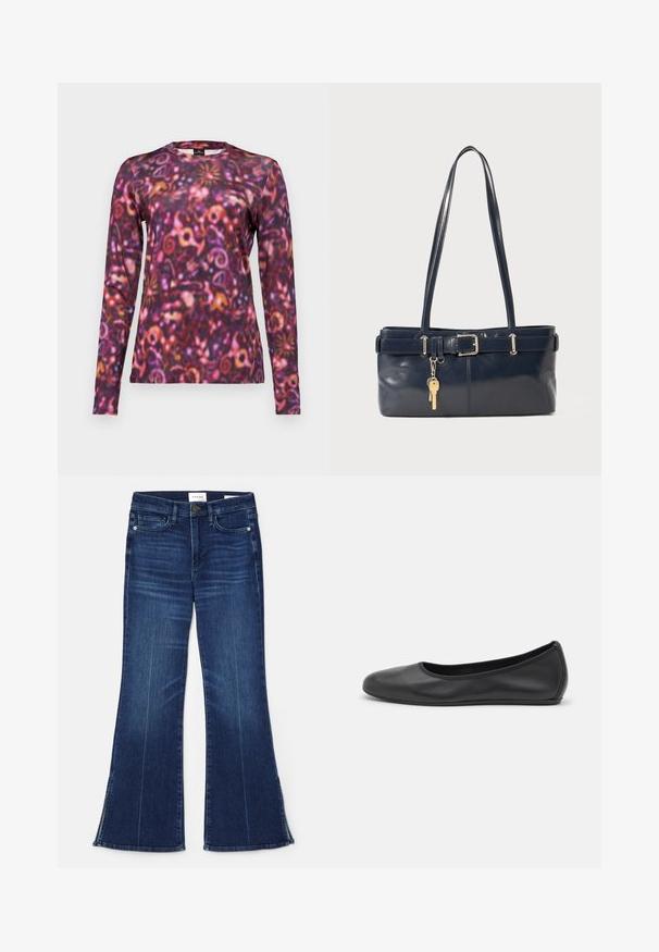 Long-sleeve shirt featuring a vibrant, swirling pattern in shades of purple, pink, and orange. Made from soft fabric with a crew neckline.; Dark blue flared jeans made from denim. Features a high waist, front pockets, and slit details at the hem. Classic five-pocket design.; Black leather ballet flat with a rounded toe, smooth texture, minimal stitching detail, and a flexible sole design.; Navy leather handbag with two long handles, a buckle detail, and a keychain attached. Features a smooth texture and a rectangular shape.