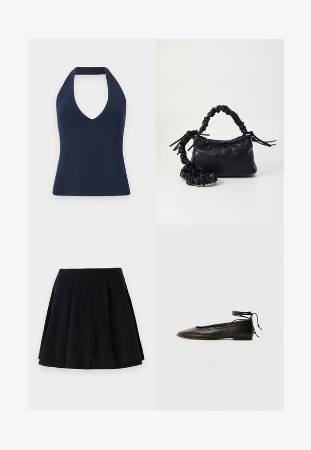 Navy blue halter top made from soft, stretchy fabric. Features a deep V neckline and a fitted silhouette with a smooth texture.; Black cotton skirt with a flared silhouette, featuring pleats along the waist area and a smooth texture. Suitable for casual wear.; Black leather ballet flats with a pointed toe, ankle tie, and flat sole, featuring a smooth texture and minimalistic design.; Black faux leather handbag with a crocodile texture, cinched top, and a scrunched strap. Appears soft and compact in design.