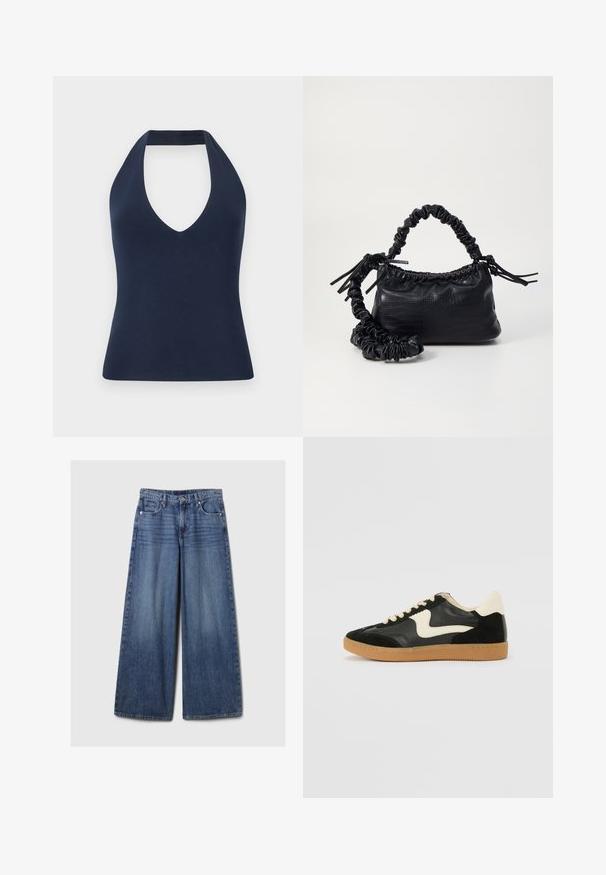 Top halter de color azul marino hecho de un tejido suave y elástico. Presenta un escote en V profundo y una silueta ajustada con una textura suave.; Jeans de mezclilla azul de pierna ancha con un acabado desgastado, que cuentan con un cierre de botón y cremallera, cinco bolsillos y cinturas.; Zapatillas de deporte de ante y cuero negro con un swoosh lateral en crema y un talón en crema claro. Presenta cordones beige y una suela de goma marrón.; Bolso de mano de imitación cuero negro con textura de cocodrilo, parte superior fruncida y correa arrugada. Presenta un diseño suave y compacto.