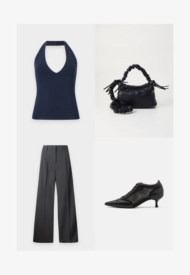 Navyblaues Haltertop aus weichem, dehnbarem Stoff. Mit tiefem V-Ausschnitt und taillierter Silhouette mit glatter Textur.; Weite Hosen aus dunkelgrauem Stoff, mit hoher Taille, einzelnen Falten und einer glatten Textur mit sauberen Abschlüssen an den Säumen.; Schwarzer spitzer Schuh mit einem Mesh-Panel-Design, ausgestattet mit einem niedrigen Absatz und einer Schnürung vorne. Hergestellt aus einer Kombination von Leder und Mesh-Material.; Schwarze Handtasche aus Kunstleder mit Krokodilstruktur, gerafftem oberen Teil und einem geschoppten Tragegurt. Sie wirkt weich und kompakt im Design.