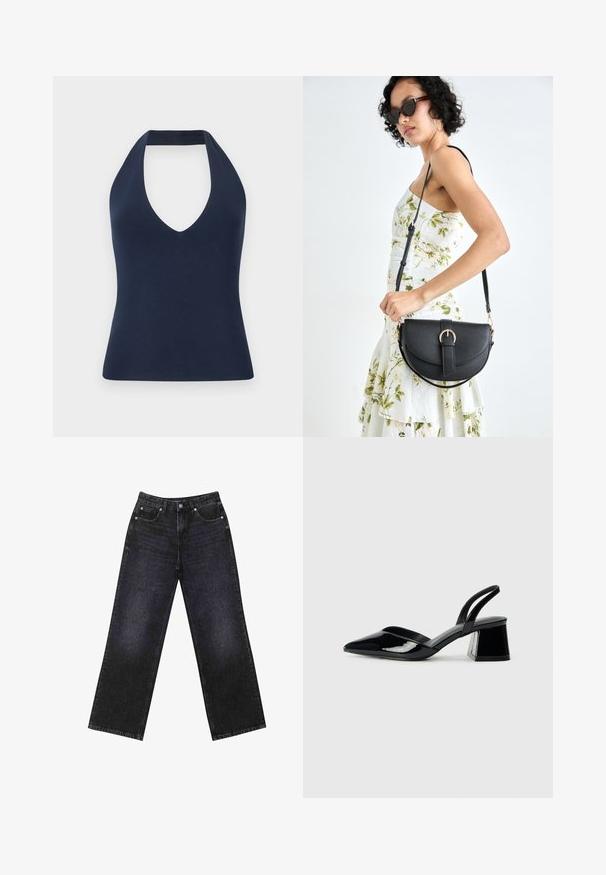 Granatowy top na halter wykonany z miękkiego, elastycznego materiału. Posiada głęboki dekolt w kształcie litery V oraz dopasowany krój o gładkiej teksturze.; Czarne dżinsy z wysokim stanem i szerokimi nogawkami, pięciokieszeniowy design oraz widoczne szwy. Materiał ma gładkie, lekko teksturowane wykończenie.; Czarne lakierowane półbuty na obcasie z wydłużonym noskiem i geometrycznym słupkiem. Charakteryzują się eleganckim, minimalistycznym designem oraz gładką fakturą.; Czarna skórzana torebka o zakrzywionym kształcie, z odpinanym paskiem i złotymi akcentami. Torebka posiada klapę z zapięciem w kształcie klamry.