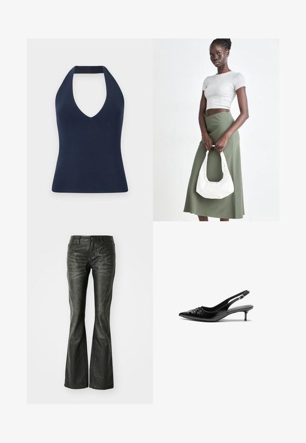 Navy blue halter top made from soft, stretchy fabric. Features a deep V neckline and a fitted silhouette with a smooth texture.; Black faux leather flared jeans with front pockets, a metal button closure, and a slightly textured surface. Straight leg with a long cut.; Black leather slingback heels with a pointed toe, small kitten heel, and a decorative knot detail on the front. Smooth texture throughout.; Gray ribbed crop top and olive green high-waisted skirt. Model holds a white shoulder bag with cut-out detailing. Simple design, fitted silhouette.