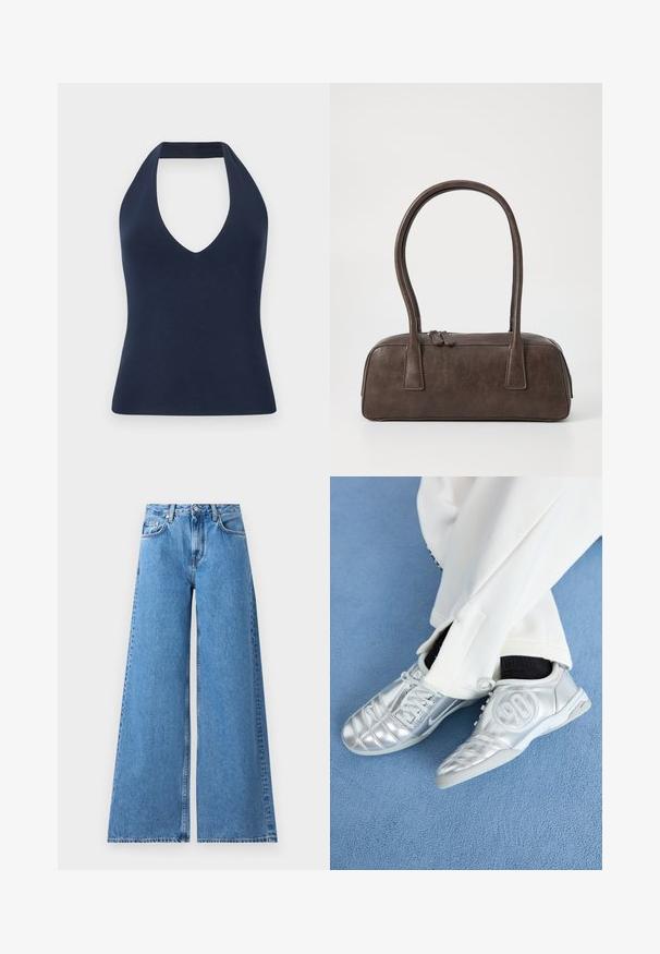 Marineblauwe haltertop van zacht, rekbaar materiaal. Kenmerkt zich door een diepe V-hals en een aansluitende silhouet met een gladde textuur.; Brede blauwe denim jeans met een hoge taille, voorzien van een klassieke vijf-pocket ontwerping en steken langs de zijkanten voor extra detail.; Zilveren sportschoenen met een gladde, glanzende afwerking, voorzien van een gestikt ontwerp en het nummer 90 aan de zijkant, gecombineerd met witte broek.; Bruine leren handtas met twee stevige handvatten, rechthoekige vorm, gladde textuur en ritssluiting. Minimalistisch ontwerp zonder zichtbare patronen.