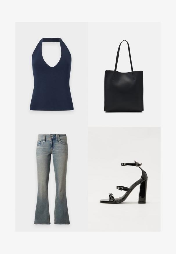 Top halter bleu marin dintr-un material moale și elastic. Prezintă un decolteu adânc în V și o siluetă ajustată cu o textură netedă.; Jeans evazati de culoare albastru deschis, realizati din denim. Prezinta doua buzunare frontale, inchidere cu buton si decolorari subtile pe material.; Sandale cu toc din patent negru, cu vârf pătrat, curele la gleznă și catarame din argint. Dispune de un toc gros pentru stabilitate.; Geantă tote neagră din piele, cu textură netedă, formă rectangulară și două mânere lungi. Fără hardware vizibil sau ornamente.