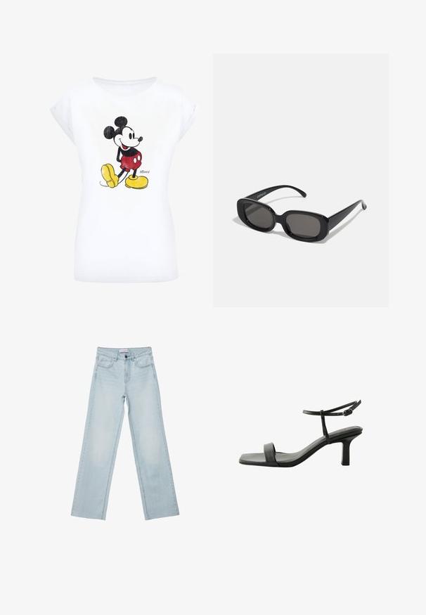 Hvid bomulds t-shirt med et vintage Mickey Mouse grafik i sort, rød og gul. Rund halsudskæring og korte ærmer.; Lyseblå brede jeans lavet af denim. Har fem lommer, en knaplukning og falmede detaljer. Klassisk lige pasform med en løs pasform.; Next FOREVER COMFORT SIMPLE REGULAR FIT - Sandaler - black; Sorte rektangulære solbriller med mørke linser. Tykt plastiklavet stel med glat overflade og afrundede kanter. Stilfulde stænger strækker sig udad.; Multifarvet håndtaske med sort, hvid og beige net. Har et struktureret håndtag, snørebåndsdesign og aftagelig skulderrem.