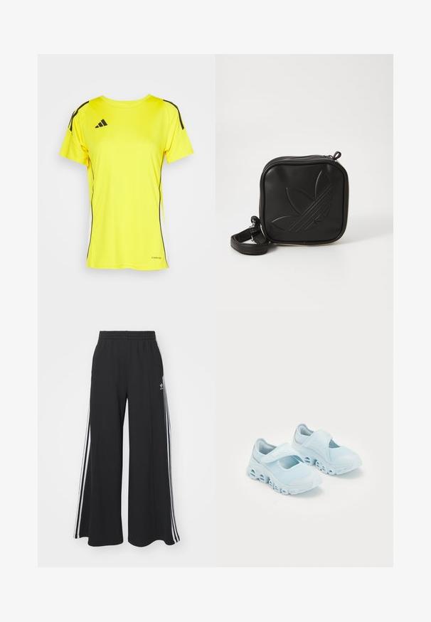 Gul sport t-shirt i andningsbart material, med rund halsringning, korta ärmar, svarta sidostråk och detalj med "AEROREADY".; Svarta vida sweatpants med elastisk midje, med vita sidosträck och en broderad logotyp på vänster lår.; Ljusblå sneakers med mesh-tyg, framträdande urtag i sulan och en kardborreband ovanpå för en säker passform.; Svart fyrkantig crossbody-väska i texturerat syntetmaterial. Har en präglad logodesign och justerbar rem. Dragkedjestängning.