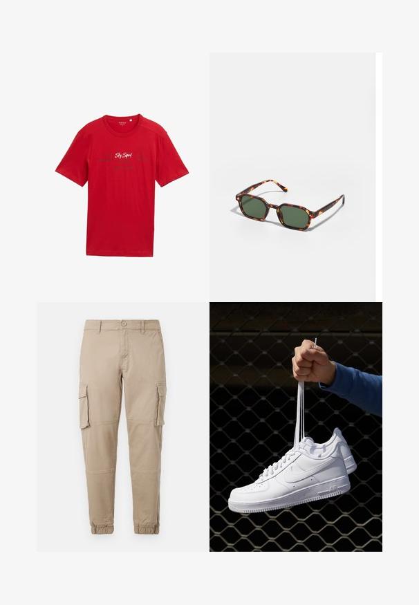 Rdeča bombažna majica s kratkimi rokavi, okroglo izrezana, z belim in temno modrim potiskanim besedilom na sprednji strani, brez vidnih okrasnih elementov.; Bežne cargo hlače iz lahkega bombažnega materiala. Imajo elastične manšete, več stranskih žepov in gumbasto zapiranje.; Bela usnjena športna obutev s perforacijami, okroglo konico, ravnim podplatom in debelimi vezalkami, z vidnim logotipom smoosh in napisom "AIR" na peti.; Očalna okvir iz želvje školjke z zelenimi lečami, ki ima osemkotno obliko in tanke, zakrivljene ročke. Material ima sijajno površino.