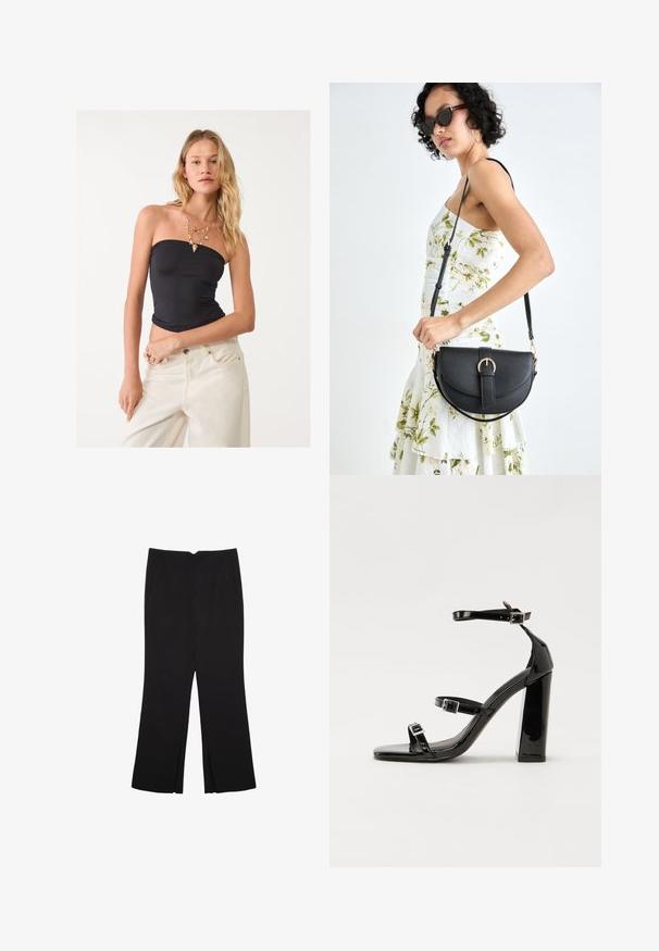 Črn top brez naramnic, izdelan iz raztegljive tkanine, oprijetega kroja in gladke teksture. V kombinaciji z kremnimi širokimi hlačami in plastenim verižnim ogrlicam.; Črne hlače ravnega kroja z naglavnimi žepi in stranskimi razporki na robu. Narejene iz mehke, gladke tkanine. Primerne za različne priložnosti.; Črne lakirane sandale s peto, kvadratnim prstom, trakovi okrog gležnja in srebrnimi zaponkami. Opremljene so s stabilno Debelo peto.; Črna usnjena torbica s ukrivljeno obliko, z odstranljivo naramnico in zlatimi dodatki. Torbica ima pokrov s podrobnostmi v obliki zaponke.