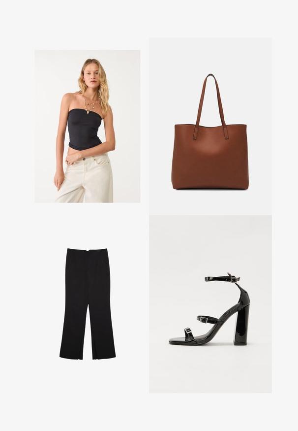 Čierny top bez ramienok vyrobený z elastickej tkaniny, priliehavý strih, hladká textúra. Skombinovaný s krémovými širokými džínsami a vrstveným náhrdelníkom.; Čierne nohavice so strihom rovného strihu, s prednými vreckami a bočnými rozparkami na leme. Vyrobené z mäkkej, hladkej tkaniny. Vhodné na rôzne príležitosti.; Čierne lakované sandále na podpätku so štvorcovou špičkou, navlečenými remienkami okolo členku a striebornými prackami. Disponujú masívnym blokovým podpätkom pre stabilitu.; Hnedá kožená taška na rameno s hladkou textúrou, otvoreným vrchom a dvoma ramenými popruhmi. Má minimálne šitia a žiadne viditeľné kovania.