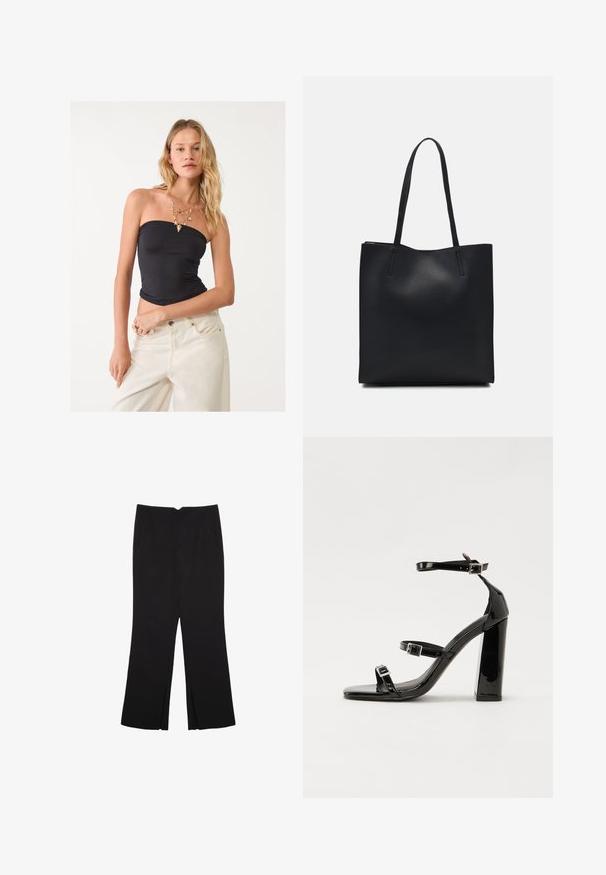 Sort stropløs top lavet af strækstof, tætsiddende design, glat tekstur. Kombineret med let beige viddebenede jeans og lagdelt halskæde.; Sorte bukser med lige pasform, der har frontlommer og slidser i kanten. Lavet af blødt, glat stof. Velegnet til forskellige anledninger.; Sorte patenterede hælsandaler med firkantet tå, ankelremme og sølvspænder. Har en chunky blokHæl for stabilitet.; Sort læder tote taske med glat tekstur, rektangulær form og to lange hanke. Ingen synlig hardware eller udsmykninger.
