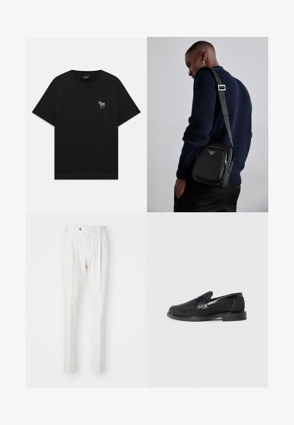 Melna īsām piedurknēm T-kreklu ar mazu balti izšūtu zebru kreisajā krūtīs un apaļu izgriezumu.; Baltas pielāgotas bikses ar gludu priekšpusi, divām krokām un ruļļotām piedurknēm. Izgatavotas no gludas auduma, ar pogu aizdari jostasvietā.; Melnas austas slaidu kurpes ar gludu ādas akcentu augšpusē, apaļas formas purngalu un zemas profila gumijas zoli.; Melnas ādas plecu soma ar rāvējslēdzēja nodalījumu, logotipa detaļām un markētu regulējamu siksnu. Valkāta kopā ar teksturētu tumši zilu džemperi.