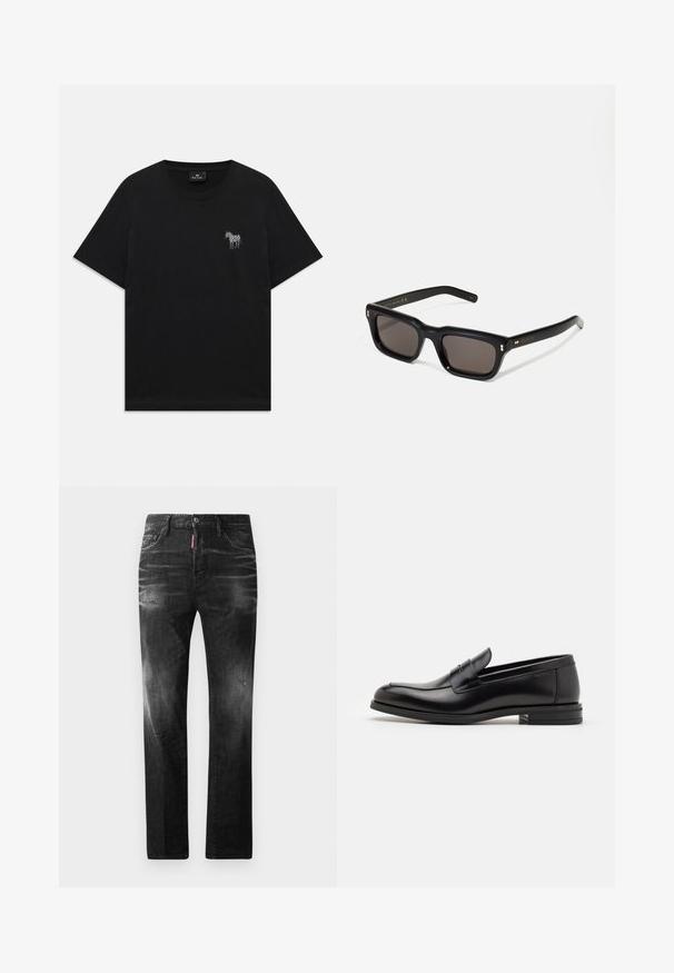 Black short-sleeve T-shirt with a small embroidered white zebra on the left chest and a round neckline.; Black denim jeans with a straight fit. Features faded areas, minor distressing, classic five-pocket design, and a button closure.; Black leather loafers with a smooth texture, rounded toe, and a decorative strap across the vamp. Low stacked heel, minimalist design.; Black rectangular sunglasses with dark lenses, thick plastic frame, gold accents on temples, and brand logo engraved on the arm.