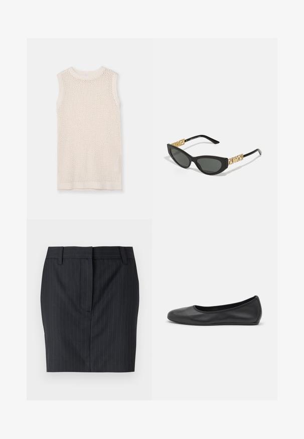 Ujjatlan kötött felső világos krém színben, hálós mintázattal és bordázott nyakkivágással és hem. A puha textúra fokozza a légáteresztőséget és a kényelmet.; Fekete csíkos, testre szabott szoknya övhurkokkal és rejtett elülső záródással, fehér háttér előtt bemutatva.; Fekete bőr balettcipő lekerekített orral, sima tekstúrával, minimális varrással és rugalmas talp kialakítással.; Fekete macska szemű napszemüveg sötét lencsékkel, arany geometrikus díszítésekkel a szárakon és sima matt felülettel.