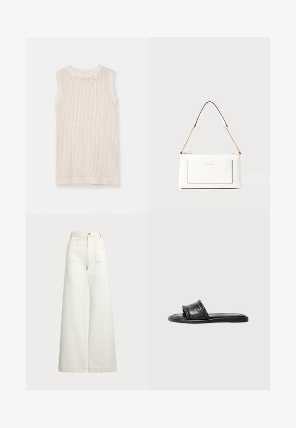 Majica bez rukava od pletene tkanine u svijetloj krem boji, s mrežastim uzorkom i rebrastim izrezom i rubom. Mekana tekstura poboljšava prozračnost i udobnost.; Široke traperice u boji krem-paleža. Visoki struk s kopčanjem na dugme, dva prednja džepa i kontrastni šavovi.; Crne kožne sandale s pletenim detaljem na remenu, ravnim potplatom i elegantnim dizajnom. Glatka tekstura i minimalistički profil.; Bijela kožna torba s teksturiranim završetkom, koja ima zlatni lančić i crne akcentne detalje. Uključuje prednji džep i zatvaranje na patentni zatvarač.
