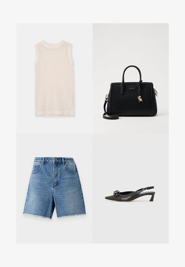 Ermeløs strikket topp i lys kremfarge, med et nett mønster og ribbestrikket halsutskjæring og kant. Myk tekstur øker pusteevne og komfort.; Denimshorts i lys blå, med høy midje, knappelukking, sidelommer og slitt hem for en avslappet passform.; Svarte skinn slingback-sko med spiss tå, liten hæl og dekorativ spenne-detalj på overdelen. Glatt tekstur, minimalistisk design.; Svart skinnhåndveske med strukturert design, doble topphåndtak, avtakbar skulderrem, gullfarget hardware og en logo-detalj.