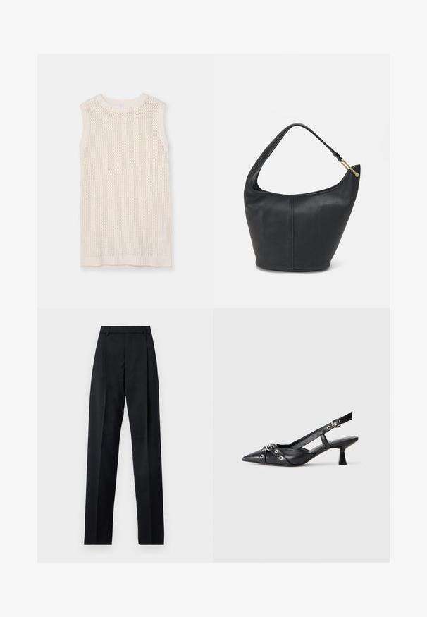 Top senza maniche in crema chiaro, con un motivo a rete e orlo a coste sul collo e sul fondo. La trama morbida migliora la traspirabilità e il comfort.; Pantaloni neri realizzati in tessuto morbido, caratterizzati da vita alta, gambe larghe, pince frontali e classiche passanti per cintura. Non ci sono tasche laterali visibili.; Scarpa slingback nera in pelle con punta affusolata, cinturini decorativi con occhielli metallici e tacco basso a blocco. Superficie testurizzata.; Borsa a tracolla in pelle nera con forma arrotondata, una tracolla ampia e una finitura testurizzata. Presenta un dettaglio di cucitura discreto e un dettaglio in metallo dorato.