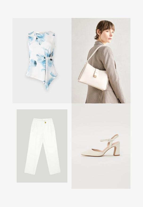 Ermeløs bluse med asymmetrisk kant, laget av glatt, lett stoff. Har et akvarellblomstermønster i blåtoner på hvit bakgrunn.; Hvite, vide bukser laget av glatt stoff. Har en enkelt gul knapplukking og plissert frontdesign. Ingen synlige lommer.; Spiss tå, kremfarget pumpe med blokkhel. Har en tynn ankelrem med en rund spenne og en glatt skinntekstur.; Hvit lær veske med en strukturert design, med magnetlås og skulderstropp, vist mot en nøytral bakgrunn.