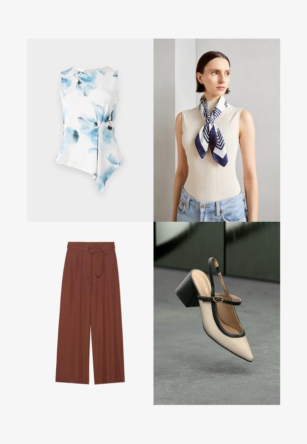 Bez rękawów bluzka z asymetrycznym dołem, wykonana z gładkiego, lekkiego materiału. Charakteryzuje się wzorem kwiatowym w odcieniach niebieskiego na białym tle.; Spodnie o szerokich nogawkach w brązowym materiale, z paskiem z kwadratową klamrą, plisowanym wzorem i gładką teksturą.; Beżowy sandał na wysokim obcasie typu slingback z noskiem w szpic, czarną lamówką i detalem w postaci klamry. Gładki materiał o matowym wykończeniu, średni obcas w formie blokowej.; Jedwabny szalik w granatowym i białym kolorze z geometrycznym wzorem w zygzaki. Gładka tekstura, schludnie związany wokół szyi, uzupełniający prążkowany top.