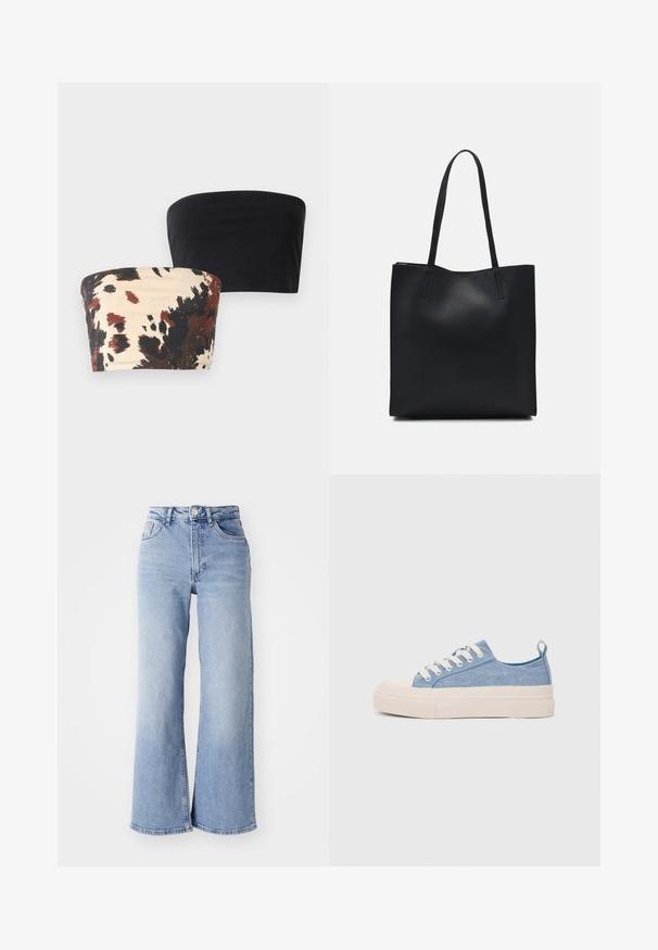 Two strapless bandeau tops: one solid black, the other cream with a bold black and reddish-brown abstract pattern. Stretchy cotton material.; Light blue high-waist wide-leg jeans with front and back pockets, button closure, and subtle fading on the thighs and hems.; Light blue canvas sneakers with a cream rubber toe cap and outsole, featuring white laces and a pull tab on the heel.; Black leather tote bag with smooth texture, rectangular shape, and two long handles. No visible hardware or embellishments.