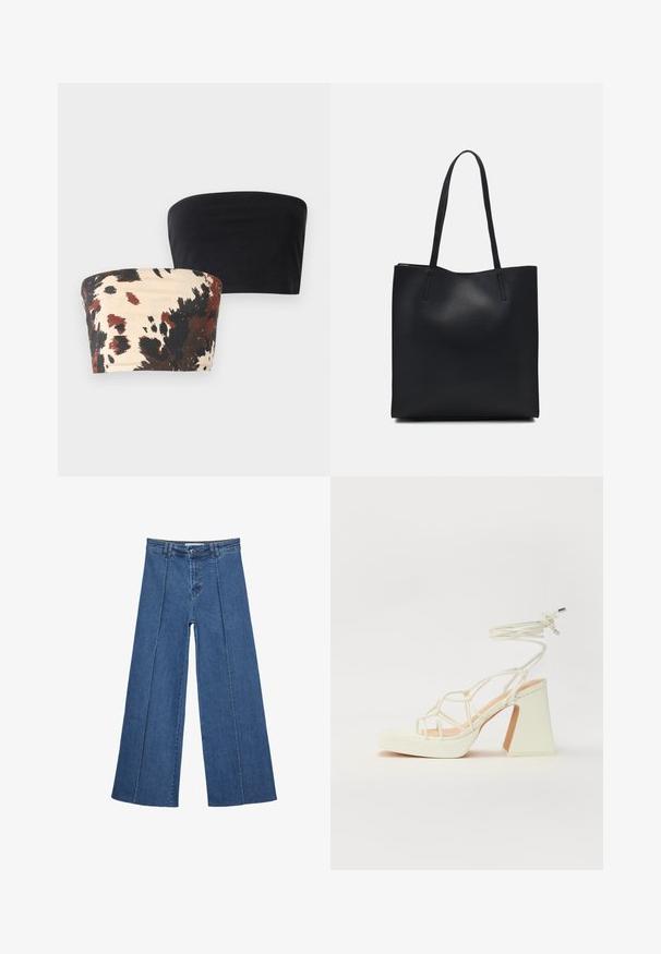 Dva bezramienkové bandeau topy: jeden jednofarebný čierny, druhý smotanový s odvážnym čiernym a červeno-hnedým abstraktným vzorom. Elastický bavlnený materiál.; Rovné džínsy s širokými nohavicami v strednom modrom odtieni, so zvýšeným pásom, zapínaním na gombík a kontrastnými vertikálnymi švami pozdĺž prednej strany.; Biele sandále na vysokom opätku s hrubým podpätkom, s pruhovaným dizajnom a viazaním na členku. Hladký povrch s platformou vpredu pre zvýšenú výšku.; Čierna kožená taška na rameno s hladkým povrchom, obdĺžnikovým tvarom a dvoma dlhými uchami. Bez viditeľného kovania alebo ozdôb.