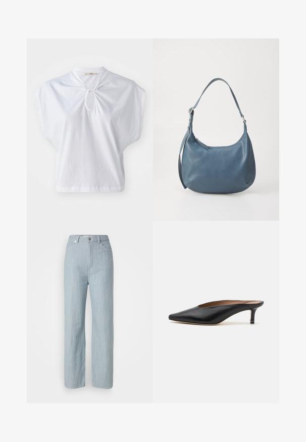 Haut blanc à manches courtes en coton, avec un col rond et un détail en trou de serrure, offrant une coupe décontractée et carrée. Texture lisse avec une couleur unie.; Jean droit en denim bleu clair. Comprend cinq poches, une fermeture à bouton en métal et un léger délavage pour la texture.; Mules en cuir noir avec un bout pointu et un petit talon carré. Texture lisse avec un design épuré. Dos ouvert avec un minimum de détails.; Sac à main en cuir bleu avec une forme arrondie, une seule bandoulière, fermeture zippée et nom de la marque en relief sur le devant. Texture lisse.