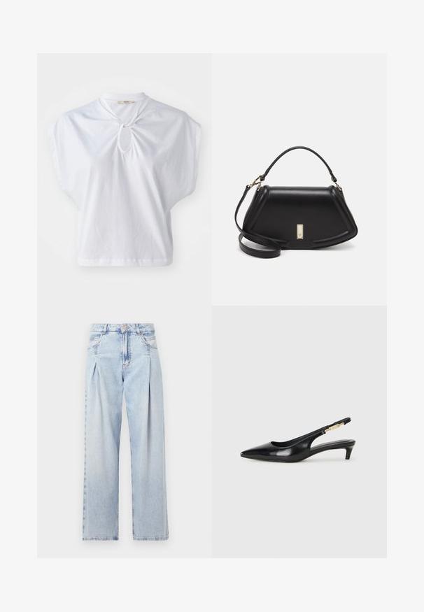 Top blanco de manga corta hecho de algodón, con un cuello redondo y un detalle de ojal, que presenta un corte relajado y cuadrado. Textura suave con un color sólido.; Jeans de mezclilla azul claros con cintura alta, corte de pierna ancha, dos bolsillos laterales y un diseño plisado. Textura suave con un acabado deslavado.; Tacones negros de piel sintética tipo slingback con punta afilada, que cuentan con un tacón delgado y un detalle en tono dorado en la correa ajustable. Textura suave.; Bolso de mano de cuero negro con un diseño estructurado, que presenta una forma recortada, asa superior y acentos en dorado. Correa de hombro ajustable incluida.