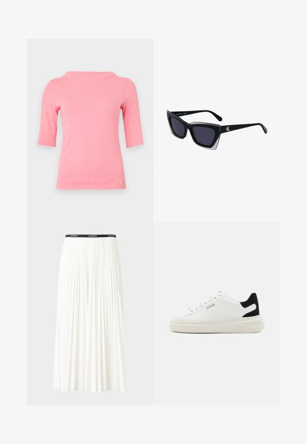 Rožinė medvilninė palaidinė su laivapriekio iškirpte, alkūnių ilgio rankovėmis ir apvaliu svoriu. Yra mažas dekoratyvinis logotipas šalia atviro krašto.; Pleated balta sijonas su juodu elastiniu juosmeniu, ant kurio yra "LACOSTE" logotipas. Vidutinio ilgio dizainas su švelnia tekstūra.; Baltos odinės sportbačiai su storu baltu padu, juodu nubuko kulno akcentu ir iškilmingu logotipu šone. Su raišteliais, turinčiais šešis akinius.; Juodos didelės saulės akinių su geometrine forma, turinčiais tamsius objektyvus ir kontrastingą pilką detalę ant rėmelio. Logotipas ant šalon.