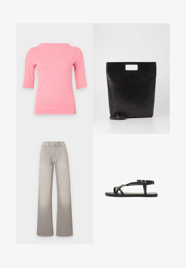 Pink cotton top with a boat neckline, elbow-length sleeves, and a rounded hem. Features a small decorative logo near the hem.; Gray wide-leg jeans with a faded finish, button closure, five-pocket design, and stitched detailing along the seams.; Black leather sandals with thin straps and a buckled ankle strap. Flat sole with a textured finish and zigzag edge. Minimalist design.; Black leather tote bag with a square handle, featuring a textured finish and embossed logo. Includes a detachable strap.
