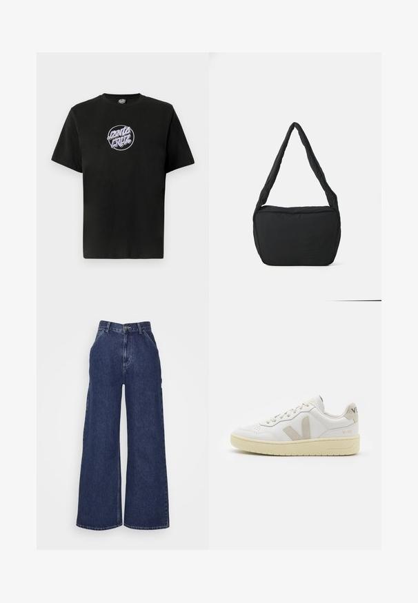 Czarna bawełniana koszulka z krótkim rękawem z okrągłym, fioletowym haftowanym logiem "Santa Cruz" na piersi. Prosty okrągły dekolt.; Jeansy dżinsowe o szerokich nogawkach w ciemnoniebieskim kolorze, z wysokim stanem, przednimi kieszeniami oraz zamkiem błyskawicznym i metalowym guzikiem. Gładka tekstura i klasyczny krój.; Białe skórzane trampki z beżowymi zamszowymi akcentami, perforowanym noskiem, płaskimi sznurowadłami i teksturowaną kremową podeszwą. Posiadają subtelne logo na pięcie.; Czarna torba na ramię o miękkiej teksturze, zaokrąglonym kształcie i szerokim pasku, z wytłoczonym logo z przodu.