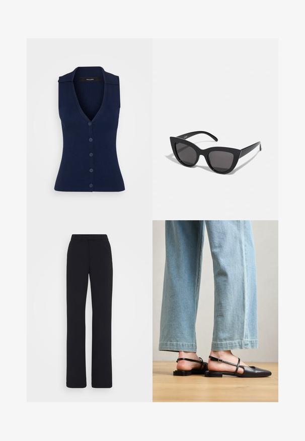 Navy sleeveless knit top with ribbed texture, V-neckline, and six matching buttons down the front; features a pointed collar.; Black, tailored trousers with a flat front, straight legs, and a smooth, textured fabric. No visible pockets or embellishments.; Black leather slingback shoes with a pointed toe, flat heel, and ankle strap; worn with light blue wide-leg jeans.; Black cat-eye sunglasses with a matte finish, featuring gray tinted lenses, sharp angles, and sleek side arms. Brand name visible on the inner arm.