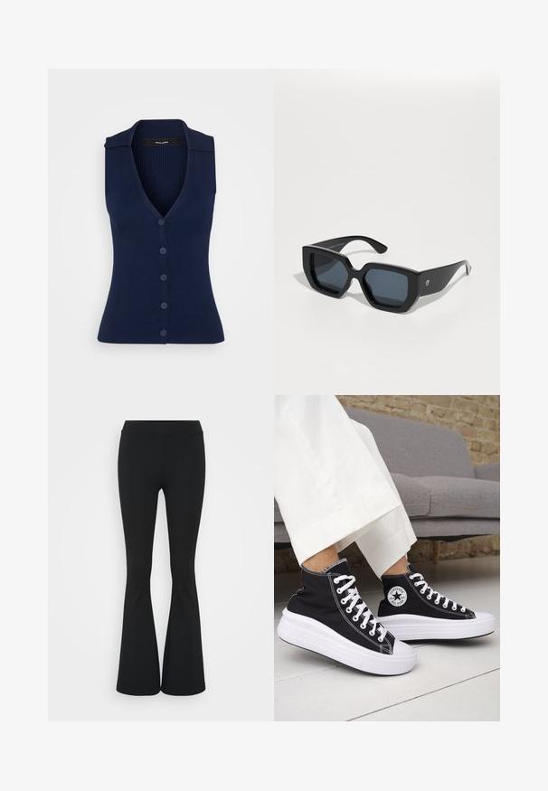 Top de malha sem mangas em azul-marinho com textura canelada, decote em V e seis botões combinando à frente; apresenta um colarinho pontiagudo.; Calças pretas de corte alargado feitas de tecido elástico, com uma cintura alta e uma textura suave. As calças alargam-se a partir do joelho.; Ténis pretos de cano alto com solas e atacadores em borracha branca. Apresentam um emblema redondo e costuras contrastantes em branco. Material em lona.; Óculos de sol oversized pretos com um design geométrico, lentes retangulares e acabamento brilhante. Sem marca visível na parte da frente.