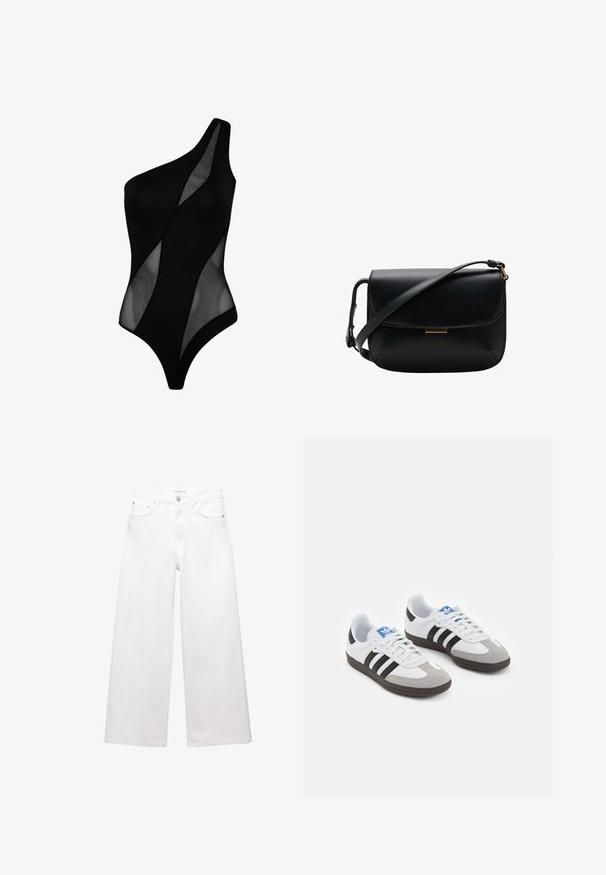 Zwart badpak met één schouder, voorzien van een combinatie van solide en doorschijnende panelen, een gladde textuur en een nauwsluitend ontwerp.; Witte wijde jeans van katoen, met een hoge taille, vijf-pocket ontwerp en koperen hardware accenten. Glad, niet-gedistressed textuur.; Sportschoenen met een witte leren bovenkant, grijze suède neus en drie zwarte strepen. Bevat een blauw logo op de tong en een gestructureerde rubberen zool.; Zwarte leren schoudertas met een klep sluiting en een verstelbare schouderband, met een kleine rechthoekige gouden accent.