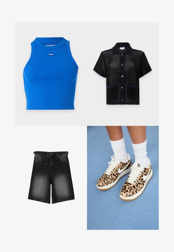 Plavi rebrasti bezrukavni cropped top s visokim izrezom. Ima mali kontrastni logotip brenda u središtu. Glatka tekstura, oblikovana silueta.; Crna pletena majica s kratkim rukavima s mrežastim uzorkom, plavi detalji na ovratniku i rubovima džepa, s gumbima sprijeda.; Crni traper šorts s izblijedjelim završetkom, pet džepova, zatvaranjem na dugme i petljama za remen. Tkanina ima glatku teksturu.; Nike Air Force 1 tenisice u uzorku leopard sa bijelim vezicama i swoosh oznakom, s tan gumiranim potplatom i teksturiranim gornjim dijelom. Bijele kratke čarape su vidljive.
