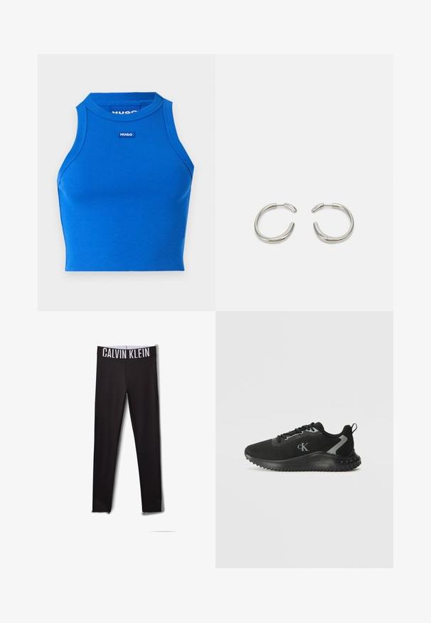 Modrý žebrovaný bezramínkový crop top s vysokým výstřihem. Na středu je malá kontrastní značka. Hladká textura, přiléhavý design.; Černé legíny s bílým logem "CALVIN KLEIN" na pase. Hladký materiál, přiléhavý design, zdobený síťovinovými detaily na kotnících.; Černé nízké sportovní tenisky s prodyšnou síťovinou, šněrovacím designem, strukturovanou podrážkou a logem "cK" po straně.; Stříbrné kruhové náušnice s hladkým, zaobleným designem a lesklým, vyleštěným povrchem. Mají minimalistický tvar s malým otvorem.