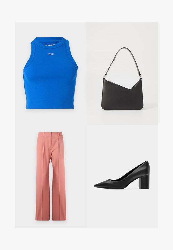 Top cropped azul canelado sem mangas com um decote alto. Apresenta um pequeno logótipo de marca contrastante ao centro. Textura suave e design ajustado ao corpo.; Calças largas rosa, feitas de um material suave, com pregas frontais, uma cintura alta e um corte limpo sem bolsos visíveis.; Pumps pretas em couro com bico fino e salto quadrado robusto. Textura suave, design simples, adequado para ambientes formais.; Bolsa de couro preta com formato triangular, alça fina e detalhes em metal prateado. Apresenta um fecho com zíper e logótipo em relevo na parte frontal.