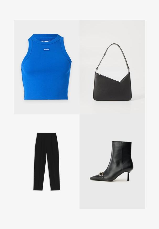 Blauw geribbeld mouwloos crop top met een hoge hals. Beschikt over een klein contrasterend merkteken in het midden. Glad textuur, getailleerd ontwerp.; Zwarte broeken met een rechte pasvorm, voorzien van dubbele plooien, een zachte textuur en een klassiek taillebandontwerp. Geen zichtbare hardware of accenten.; Zwarte leren enkelboot met spitse neus, slanke middenhoge hak en zilveren gespdetail aan de zijkant op een effen achtergrond.; Zwart leren handtas met een driehoekige vorm, een slanke strap en zilveren hardware. Voorzien van een ritssluiting en een reliëflogo op de voorkant.