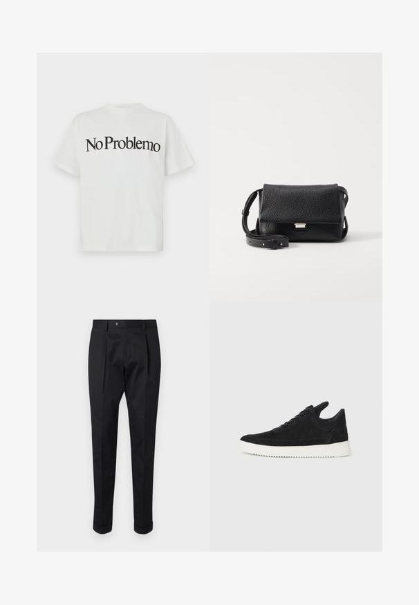 Balta kokvilnas T-kreklu ar īsām piedurknēm un apaļu kakla izgriezumu. Priekšpusē ir melns uzraksts "No Problemo" drošā, izliekta fontā.; Melni bikses, izgatavotas no gludas auduma, ar uzkāpes priekšpusē, pogu aizdari un velkot piegriezumu pie potītes.; Melna zamša apavi ar baltu gumijas zoli, ar tonālu izšuvumu un auklu dizainu. Gluda tekstūra ar mūsdienīgu, plūstošu formu.; Melnas teksturētas ādas crossbody soma ar atloku aizdari, sudraba detaļām un regulējamu siksnu. Minimālistisks dizains ar tīrām līnijām.