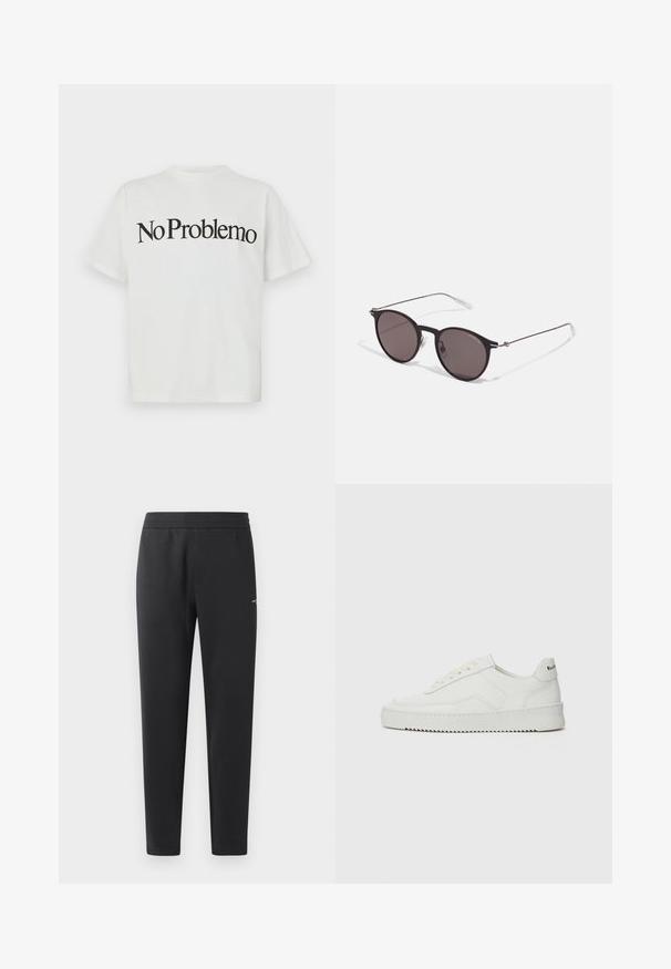 White cotton t-shirt featuring short sleeves and a crew neck. The front displays black text that reads "No Problemo" in a bold, curved font.; Black jogger pants made of soft fabric, featuring an elastic waistband, straight legs, and a single small logo detail on the side.; White leather sneaker with a smooth finish, round toe, flat laces, and a textured sole. Features a subtle logo on the heel.; Black round sunglasses with dark lenses and slim metal arms. Includes clear temple tips and silver accents at the hinge. Minimalist design.