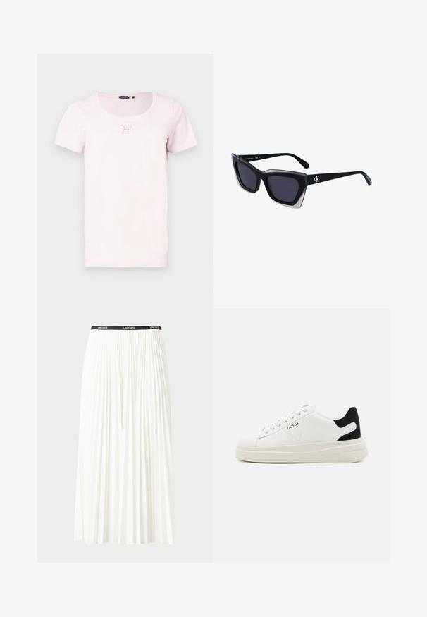 Svetlo roza majica s kratkimi rokavi in okroglim izrezom. Na sprednji strani je majhen logotip "Joop!" v nekoliko temnejši roza barvi. Narejena iz mehkega bombaža.; Gubasta bela krila z črnim elastičnim pasom, ki nosi logotip "LACOSTE". Srednje dolga zasnova z mehkobo tkanine.; Bele usnjene športne copate z debelim belim podplatom, črnimi semišnimi detajli na peti in utisnjenim logotipom na strani. Zavezovanje s šestimi luknjicami.; Črne prevelike sončne očala geometrijske oblike, z temnimi lečami in kontrastno sivo podrobnostjo na okvirju. Logo na ročaju.