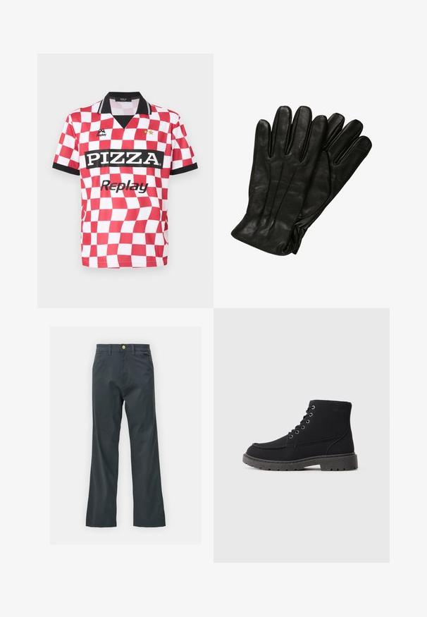 Camisola de manga curta em xadrez vermelho e branco com um colarinho preto, logótipo "PIZZA" e duas estrelas acima do nome da marca. Textura de tecido suave.; Calças pretas com corte reto, feitas de um tecido em mistura de algodão. Apresenta um fecho com botão metálico e bolsos laterais. Sem padrões visíveis.; Botas de tornozelo pretas feitas de material texturizado com sola plana, biqueira arredondada e atacadores com seis ilhós. Costura reforçada ao longo da borda.; Luvas de couro preto com uma textura lisa, cinco dedos e detalhes de costura subtis. Design clássico, adequado para uso em clima frio.