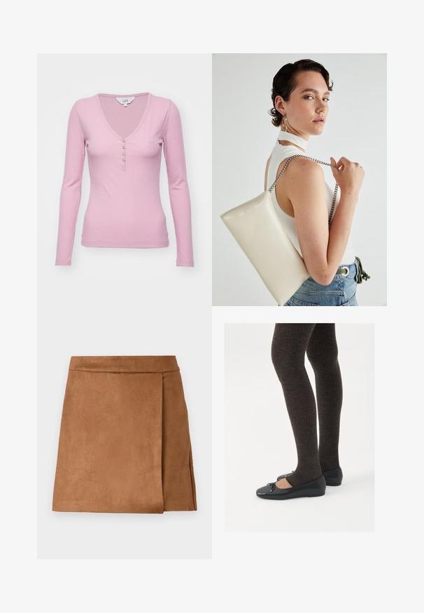 Garš sleeve, ribota rozā blūze ar V formas izgriezumu, ar piecu pogu caurumu un mazu izšūtu logotipu uz krūtīm.; Brūns zamša mini svārki ar apjozošo dizainu, kuram ir gluda tekstūra un tīrs apmales izskats. Nav redzamu metāla detaļu vai akcentu.; Melnas plakano formas kurpes ar mazu loku uz pirksta, apvienotas ar tumši brūnām ribotām zeķubiksēm. Kurpēm ir gluda tekstūra un zems profils.; Balts taisnstūra clutch soma, izgatavota no spīdīga materiāla, ar sudraba ķēdes siksnu. Modelis pozē, demonstrējot somu uz vienkārša fona.