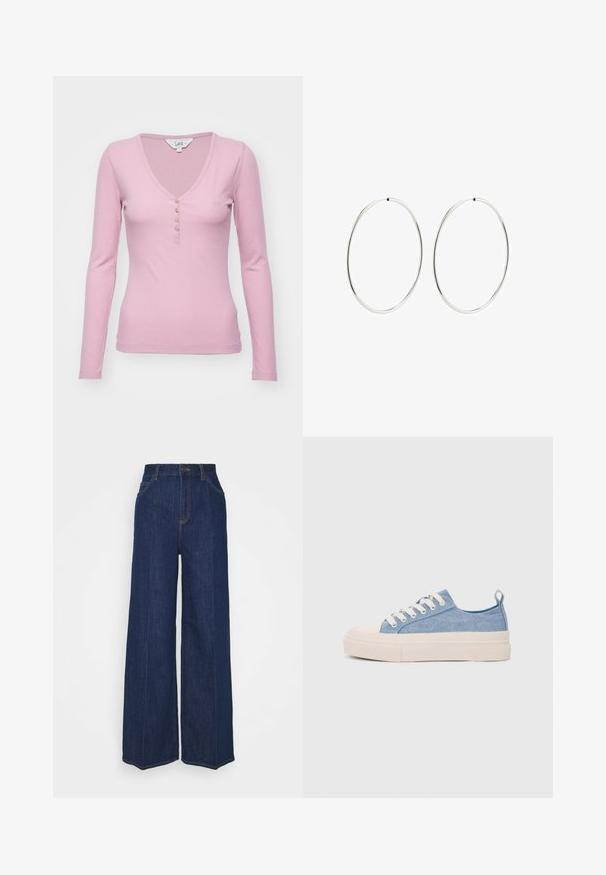 Long-sleeve, ribbed pink top with a V-neckline, featuring five-button placket and small embroidered logo on the chest.; High-waist wide-leg dark blue denim jeans with front and back pockets, button closure, and visible stitching details.; Light blue canvas sneakers with a cream rubber toe cap and outsole, featuring white laces and a pull tab on the heel.; Silver hoop earrings with a smooth, round design and a polished finish. They are thin and lightweight, featuring a simple clasp closure.