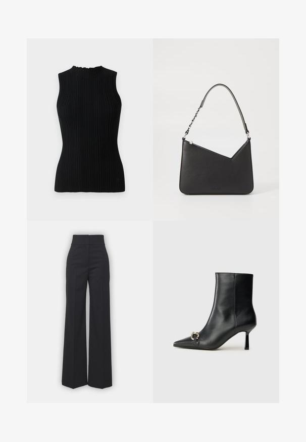 Black sleeveless knit top with a ribbed texture and high neck. Features a fitted silhouette and minimalistic design.; Wide-leg trousers in black fabric with a high waistband, featuring a clean finish and smooth texture. No visible hardware or patterns.; Black leather ankle boot with pointed toe, slim mid-height heel, and silver buckle detail on side against plain background.; Black leather handbag with a triangular shape, a slim strap, and silver hardware. Features a zip closure and embossed logo on the front.