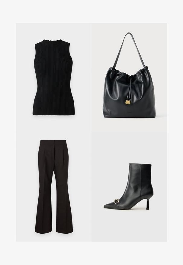Black sleeveless knit top with a ribbed texture and high neck. Features a fitted silhouette and minimalistic design.; Black flared pants with a smooth texture, featuring a high waist, side pockets, and front pleats for added design detail.; Black leather ankle boot with pointed toe, slim mid-height heel, and silver buckle detail on side against plain background.; Black leather drawstring bag with a smooth texture, gathered top, and subtle gold hardware. Features a single sturdy strap and embossed logo.