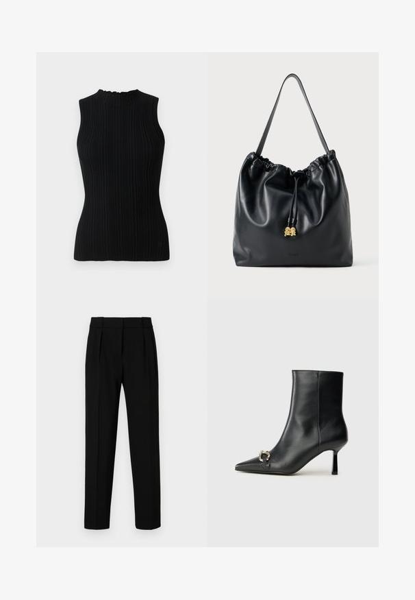 Top negru fără mâneci, tricotat, cu o textură ribbed și guler înalt. Prezintă o siluetă ajustată și un design minimalist.; Pantaloni negri personalizați, cu o croială dreaptă, față pliată, țesătură lucioasă și talie medie. Fără buzunare vizibile sau detalii de metal.; Botine negre din piele, cu vârf ascuțit, toc subțire de înălțime medie și detaliu cu cataramă argintie pe lateral, pe un fundal simplu.; Rucsac din piele neagră cu un textură netedă, cu un vârf strâns și accente subtile din aur. Dispune de o singură curea rezistentă și un logo embosat.