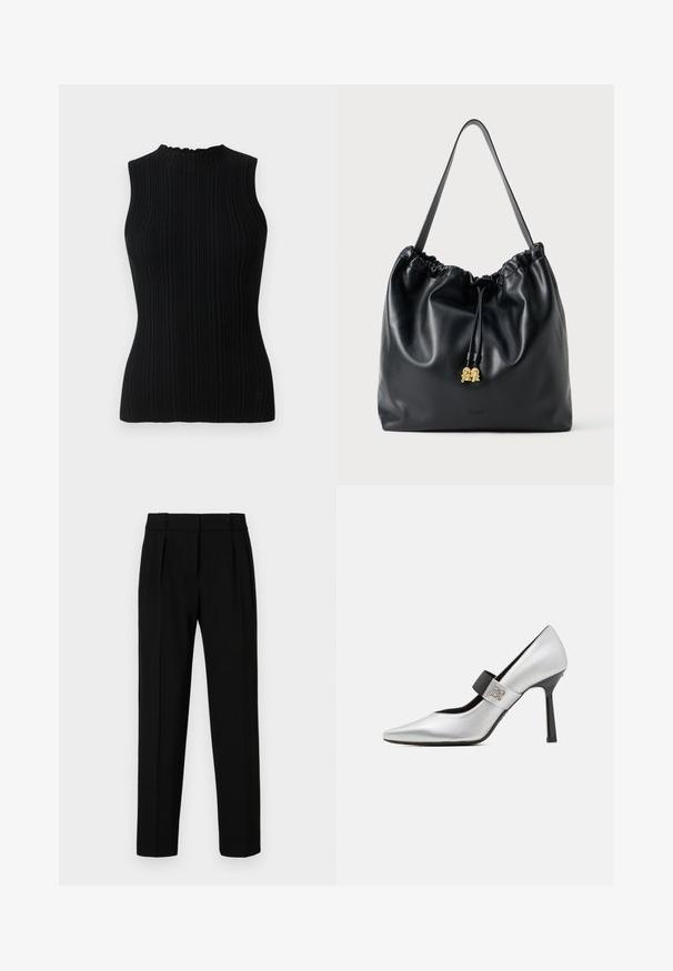 Juoda berankovė megzta palaidinė su iškiliais raštais ir aukštu kaklu. Pasižymi prigludusia siluetu ir minimalizmo dizainu.; Juodos pritaikytos kelnės su tiesiu siluetu, raukiniu priekyje, blizgia medžiaga ir vidutinio pločio juosmeniu. Nėra matomų kišenių ar metalinių detalių.; Sidabrinė odinė aukštakulnių batų pora su smailiu pirštu, juodu dirželiu akcentu ir blizgiu paviršiumi, turinti aptakų siluetą ir ploną kulną.; Juodas odinis maišelis su virvute, turintis lygią tekstūrą, susiraukšlėtą viršų ir subtilų auksinį apdailą. Turi vieną tvirtą diržą ir įspaustą logotipą.