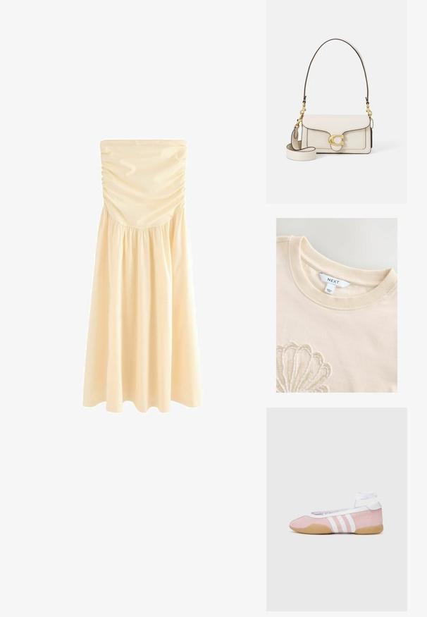 Kermanvärinen puuvillaneule, jossa on kapea pyöreä pääntie ja monimutkainen helmityö, joka muodostaa kuorikuvion etuosaan. Brändilapuke näkyvissä.; Olesti midi ilman olkaimia vaaleassa beigen värissä, jossa on rypytys bodice-alueella ja kerrottu hame, joka antaa liikehdintää. Sulava, kevyt kangas.; adidas Originals TAEKWONDO MEI BALLET - Matalavartiset tennarit - clear pink/ftwr white/gum; Kreemivärvi nahast käekott, millel on struktureeritud disain, kontrastsed mustad servad, kuldsed detailid ja eemaldatav rihm, millel on allkirja logo.