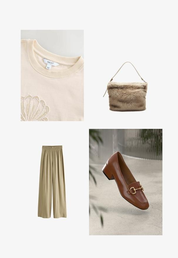 Sweat-shirt en coton couleur crème avec un col rond en rib et un motif de coquillage en perles délicates sur le devant. Étiquette de la marque visible.; Pantalons larges beige avec une taille élastique et des poches latérales, fabriqués en tissu doux et léger.; Mocassin en cuir verni marron avec un bout carré, accent de chaîne métallique et petit talon carré ; texture lisse, design minimaliste.; Sac en fausse fourrure de couleur beige clair avec une surface douce et texturée. Il dispose d'une fine sangles unique et d'une forme rectangulaire avec un bord supérieur duveteux.