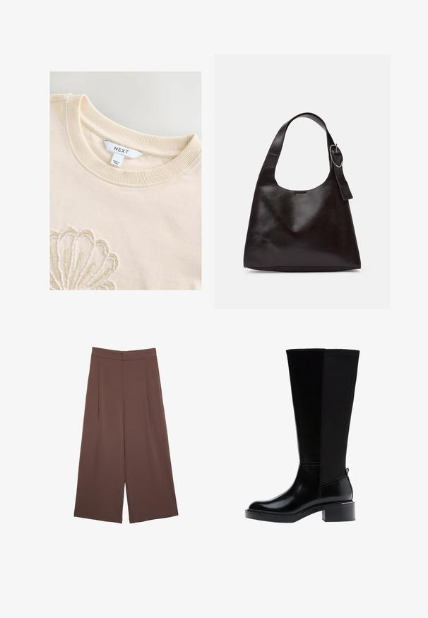 Felpa di cotone color crema con collo a girocollo a coste e un intricata lavorazione di perline che forma un motivo a conchiglia sul davanti. Etichetta del marchio visibile.; Pantaloni ampi marroni con una texture liscia, caratterizzati da una vita alta e pieghe frontali. Il tessuto è leggero e scorre liberamente.; Stivale nero fino al ginocchio in pelle liscia, con evidenti cuciture, tacco spesso e pannello posteriore testurizzato per un tocco di interesse in più.; Borsa a spalla in pelle marrone con una texture liscia, forma arrotondata, ampia tracolla e un accento metallico circolare sul manico.; Guanti in pelle nera con texture liscia, dotati di cuciture lungo le dita e un design aderente. Materiale morbido e flessibile per il massimo comfort.